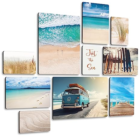 Giallobus - Conjunto de 10 Pinturas de Paneles múltiples - Beach Life - Madera de MDF - | 2 x 42x29,7cm | 4 x 29,7x21cm | 4 x 21x14,85cm | - Listo para Colgar - Cuadros para el hogar