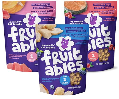Fruitables Cat Treats - Crunchy Treats for Cats - Healthy Low Calories Packed with Protein - Free of Wheat, Corn and Soy - Made with Real Salmon, Tuna, Chicken - 2.5 Oz (3 Pk)