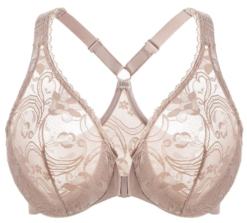 MELENECA Women's Plus Size Racerback Unlined Lace Underwire Front Closure Bra Beige 42G