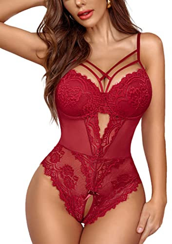 Avidlove Dessous Sexy Set Spitze Reizwäsche Curvy Unterwäsche Corsage Body V-Ausschnitt One Piece Weinrot XL