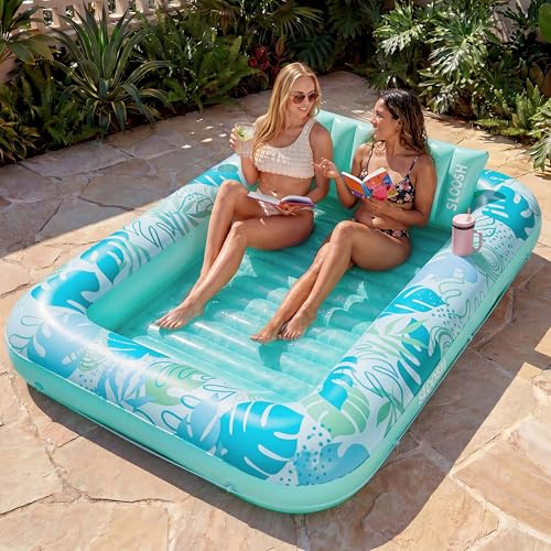 SLOOSH Pool Inflatable Tanning Pool Lounger Float, 85 x 57 Extra Large Floats Adult with Pillow, 4 in 1 Suntan Tub Raft Floatie,Sunbathing Bed Lounge for Water Blow Up Party Gifts, XL-Cyan White