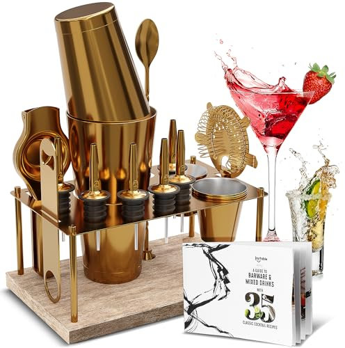 Bar Set Cocktail Shaker Set Bartender Kit, 17 delar guld Cocktail Set, Mixology Bartender Kit med trästativ, Stål Cocktail Kit, Bartillbehör: 8,5 dl Martini Shaker, Muddler, Cocktail Bok och mer