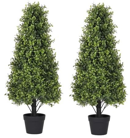 Azoco 3ft Artificial Boxwood Topiary Trees (Set of 2) - UV Resistant Faux Plants Outdoor, Realistic 36 Fake Cone Bushes and Shrubs for Front Porch, Planter, Patio - Low Maintenance & Evergreen