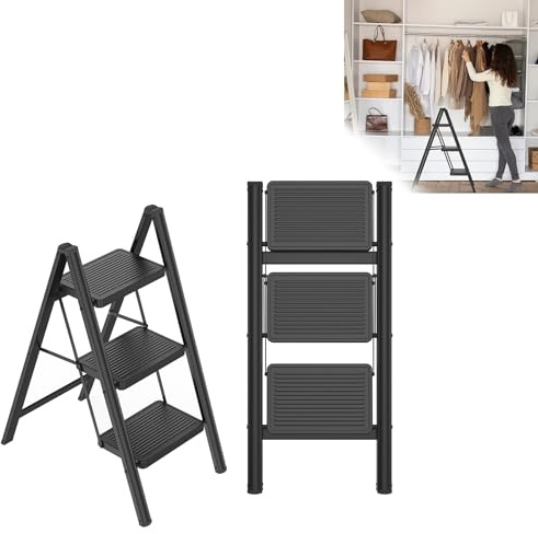 LZQ Scaletta pieghevole a 3 gradini sgabello con pedale largo, leggera, antiscivolo, scala pieghevole con blocco di sicurezza, portata fino a 270 kg, scala pieghevole per casa, cucina, nero