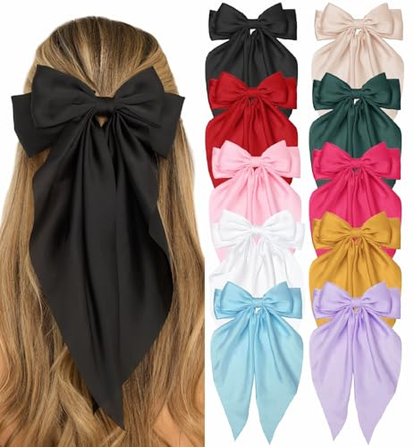 DTERSE Hair Bows for Women Big Bows Hair Accessories for Womens Girls 10PCS, Valentine's Day Hair Bows for Women Cute Oversized Bow Hair Clips with Long Tails, Silky Satin Ribbon Bows for Hair