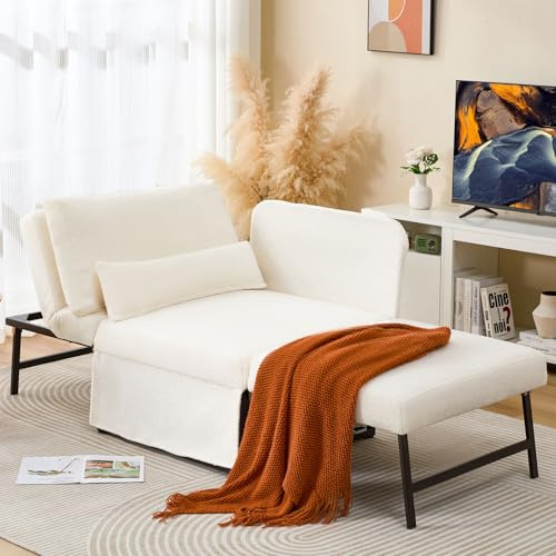 ZZW Sleeper Chair Bed Upgrade 4-in-1 to 5-in-1 Convertible Multi-fuction Sofa Chair w/Adjustable Backrest Assembly-Free Linen Folding Sofa Ottoman Bed for Living Room Apartment (Wool White)