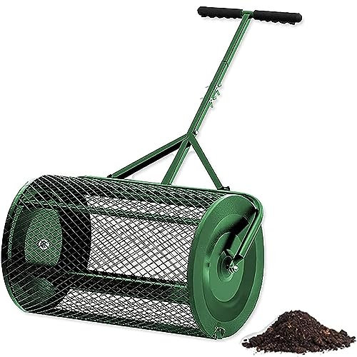YANDDEA Esparcidor de Rodillo para césped de abono/estiércol/turba de 24 Pulgadas, Rodillo para alimentación y deshierbe de césped de jardín, Acero con Recubrimiento en Polvo Ligero y Duradero,Green