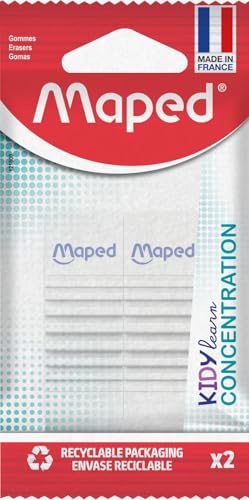 Maped - Lot de 2 gommes Kidy Learn Concentration - Surface texturée - Stimulation sensorielle - Gomme efficace fabriquée en France - Emballage papier recyclable
