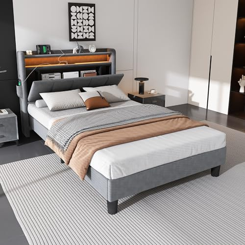 3ft Single Bed Frame Upholstered Platform Bed with Concealed Storage Headboard&LED&Charging Station, Sturdy Metal-Wood Support, Velvet Fabric Grey Functional Single Youth Bed, No Box Spring Needed