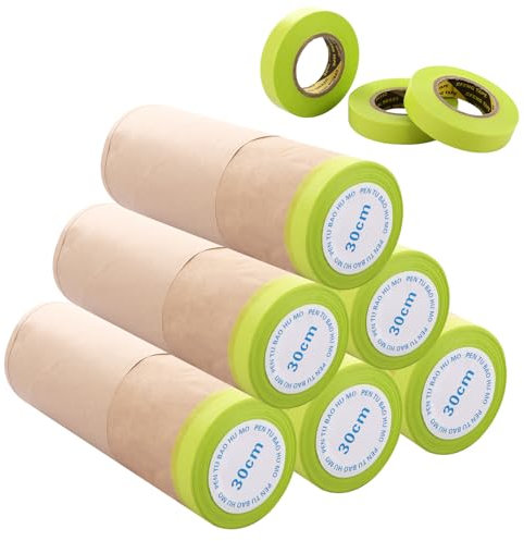 AHAQU 6 Rolls Masking Paper for Spraying, 30cmx15m/11.8 x49.2ft Tape and Drape, Dust Sheets for Decorating, Pre-Taped Masking Film for Painting, Car, Wall, Furniture, Carpet Protection Film