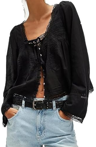 RUIWANBBY Women's Lace Tie Front Top Y2k Coquette Long Sleeve Ruffle Button Down Cardigan Shirt Going Out Flowy Peplum Tops (Black, S)