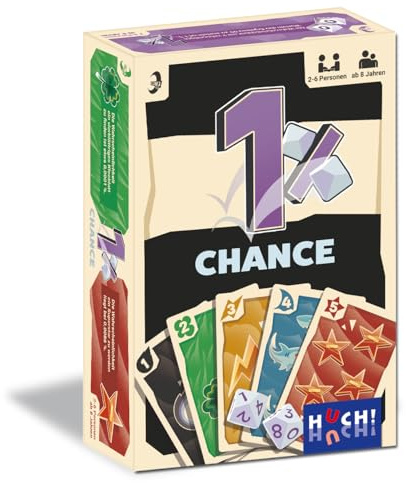 HUCH!, Den 1% chansen, brädspel med tärningar och kort, spännande spel med enkel regel, för 2-6 spelare från 8 år, med 2 tiosidiga tärningar
