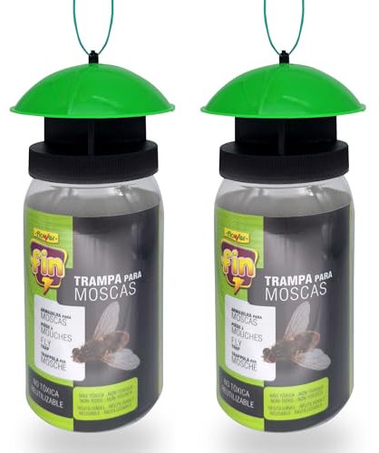 FLOWER Pack 2 Trampa Atrapa Moscas Exterior Interior | Pack Antimoscas con Fórmula Natural, Sin Pesticidas y Potente | Alimento Súper Atrayente al Aire Libre para Insectos | Kit Completo Reutilizable