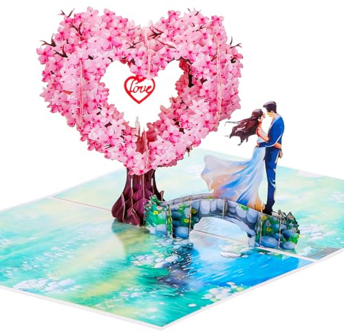 JIANTA Carte de mariage en forme de cœur avec un arbre de cerisiers en fleurs, carte pop up 3D mariage avec enveloppe blanche, carte de la Saint-Valentin, carte d'anniversaire Je t'aime