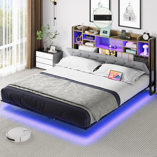 YITAHOME Bed Frame,LED with Headboard,USB Ports & Charging Outlets,Metal Platform Bed Frame with 2 Tiers Storage Shelves, No Box Spring Needed King Size Light Grey Color