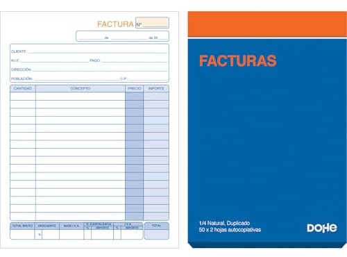 Dohe - Talonarios Facturas (10 uds.) - 50 Hojas Duplicadas (50 Hojas con 1 Copia), Tamaño A5 14x21 cm, Páginas Microperforadas, Con IVA y Recargo Equivalencia, Idioma Español, Material de Oficina