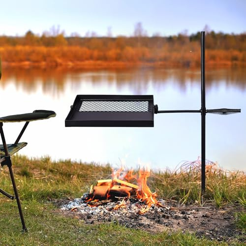 Swivel Camp Fire Grill,Heavy Duty Steel Grate Camping Grill,Open Fire Cooking Equipment with Carrying Bag,Over Fire Fire Pit Accessories,Camp Fire Grill Grate for Outdoor Open Flame Cooking (Style B)