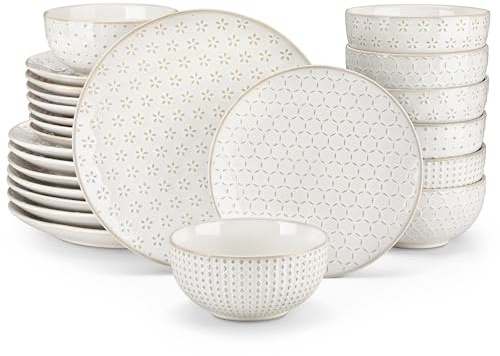 MALACASA 24 Piece Dinnerware Set, Embossed Ceramic Dish Sets Service for 8, Plates and Bowls Set, Durable Stoneware Tableware for Family Dinners, Dishwasher & Microwave Safe