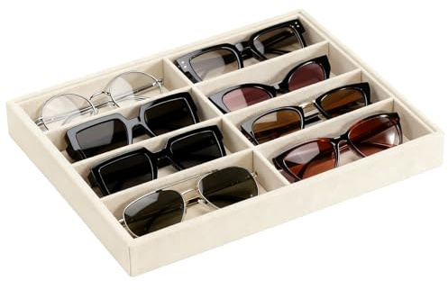 HIVTE Organizador de Gafas de Sol con Bandeja de Terciopelo - Caja de Almacenamiento de 8 Ranuras para Cajón o Exhibición - 33,8 x 24,4 x 3,8 cm (Beis)