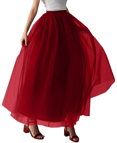 Falda larga de tul de malla para mujer, falda larga de tul, falda midi para carnaval, falda plisada elástica en capas, cintura alta, estampado floral, falda tutú de malla, línea A, falda de gasa de