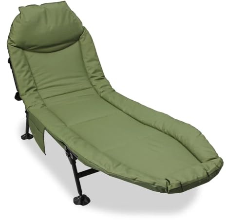 DNA Leisure Carp Fishing Bedchair with 6 Legs – Thick Padded Reclining Chair Bed System with Pillow – Ideal for Beginners, Camping & Overnight Sessions