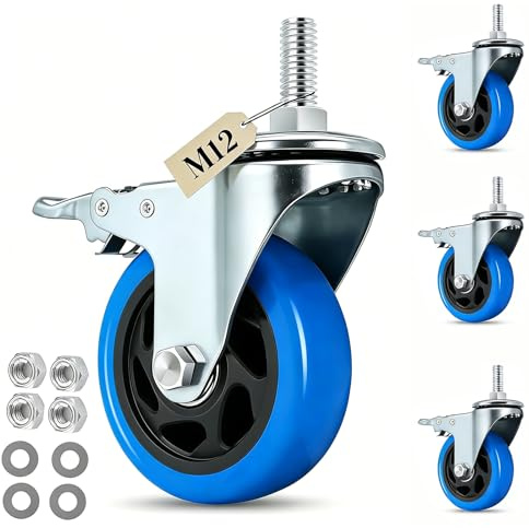 IQWTU 100MM Ruedas para Muebles Pesados con Vástago Roscado M12 x 1,75x 30mm, Juego de 4 Ruedas Giratorias con Freno Hasta 500kg, Ruedas Pivotantes Ruedas Industriales Giratorias 360°