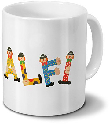 printplanet Tasse mit Namen Alfi - Motiv Holzbuchstaben - Namenstasse, Kaffeebecher, Mug, Becher, Kaffeetasse - Farbe Weiß