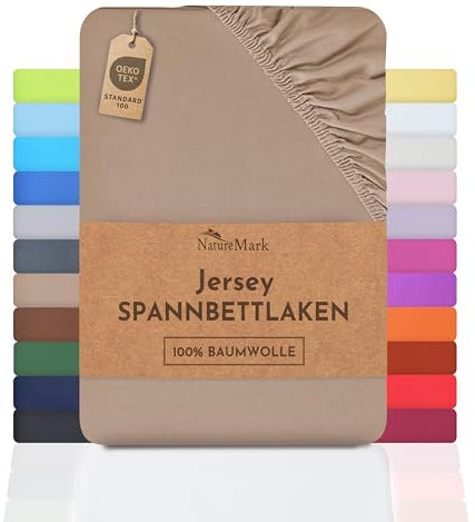 NatureMark Jersey Spannbettlaken, Spannbetttuch 100% Baumwolle in vielen Größen und Farben MARKENQUALITÄT ÖKOTEX Standard 100 | 200x220 cm +40 Steg - Sand/beige