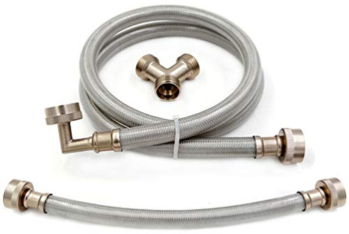 TT FLEX Steam Dryer Hose Installation Kit - Braided Stainless Steel Hoses - 6 ft Long with 3/4 FHT 90 Degree Elbow,1 ft Inlet and Y Connector