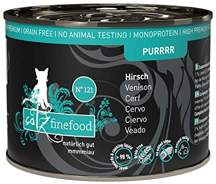 catz finefood Purrrr - Comida húmeda para Gatos monoproteína de Ciervo N° 121, para Gatos sensibles a la nutrición, 70% de Carne, 6 latas de 200 g