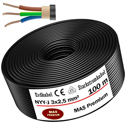 MAS Premium 5-170m NYY-J 3x1,5 2,5 4 6 10 16 oder 5x1,5 2,5 4 6 10 16 Erdkabel Starkstromkabel Elektrokabel Ring zur Verlegung im Freien Erdreich (NYY-J 3x2,5 mm², 100m)