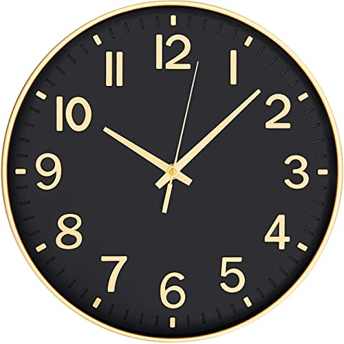 HZDHCLH Wall Clock 12 Inch Silent Non Ticking Clock for Living Room Bedroom Kitchen Office (Black-gold)