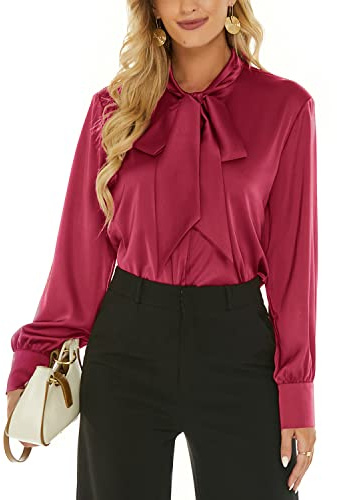 ANNA&CHRIS Escalier Women's Silk Blouse Long Sleeve Bow Tie Neck Button Down Shirts Casual Office Work Blouse Tops, Wine Red, M