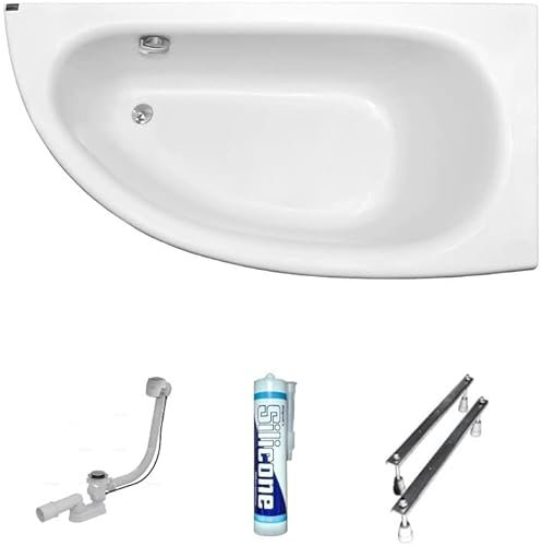 ECOLAM Baignoire d'angle Milena acrylique blanc 150x70 cm droite + bonde vidange et trop-plein automatique, pieds silicone