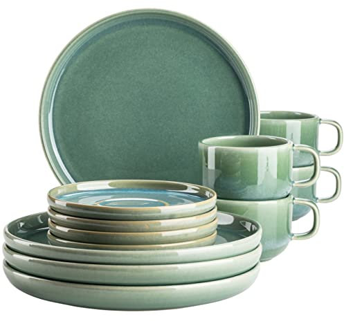MÄSER Serie Elina Uno, Modernes Kaffeegeschirr Set mit unregelmäßiger Effektglasur für 4 Personen, mit Dessertteller, Kaffeetassen und Untertassen, 12-teiliges Kaffeeservice, Steinzeug, Beach