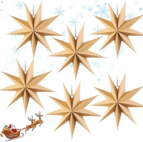 OMIGA 6 Pezzi Paper Stelle Lantern Stelle di Carta da Appendere Stelle di Carta Natale 3D Diametro 30 CM Decorazione per Natalizie Matrimoni Compleanni Feste Baby Shower (Colore Kraft)