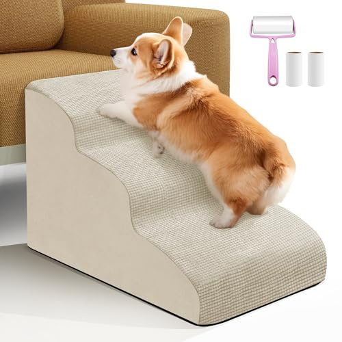 Dog Ramp 3 Steps for Small Dogs and Cats Straw Yellow, Pet Stair for Sofa and Bed Non-Slip Foam Dog Steps with Removable Washable Cover, Send Lint Sticky Roller Set