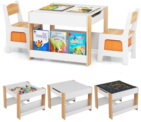 LIFEZEAL Juego de Mesa con 2 sillas para niños, 3 en 1 Mesa de Pintura y Actividades con sillas para niños, Grupo de Asientos Infantiles Multifuncional de Madera con Espacio (Natural)