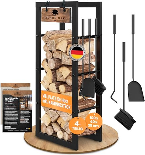 BLACK OAK Kaminholzregal LOGAN 100x40x25cm mit Kaminbesteck - Regal schwarz für innen & außen bis 250kg Holz - mit Kehrbesen Schürhaken & Ascheschaufel Metall Stahl Rahmen pulverbeschichtet rostfrei