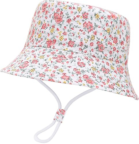 XYIYI Petite Fleur Rose Enfants Bébé Chapeau de Soleil Coton Seau Chapeau Casquette de Plaged'été avec Jugulaire Réglable pour 1-2 Ans
