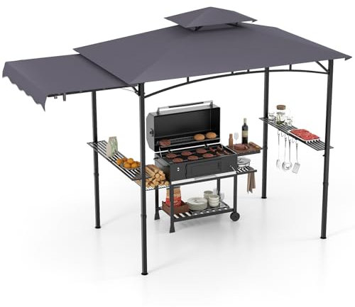 GOPLUS Cenador de Barbacoa 318 x 153 cm, Carpa Exterior con Ddoble Techo y Toldo Lateral, 2 Estantes, 6 Ganchos, Abrebotellas, Refugio de Parrilla para Jardín Patio Piscina (Gris Oscuro)
