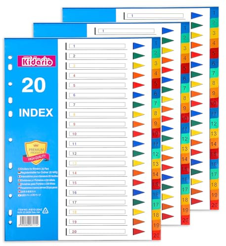 File Dividers A4, 3 Pack 20 Part Folder Dividers 1-20 Coloured Plastic A4 Dividers for Lever Arch Files Ring Binders Office School Index Dividers