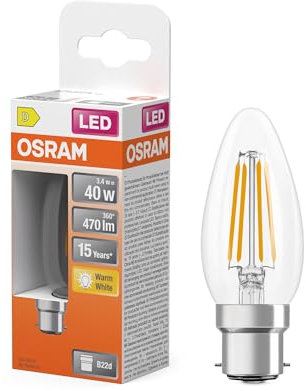 OSRAM Lampe LED forme étoile bougie B40 filament, 2700 K blanc chaud, 3,4 W, B22d, transparente, 470 lm, 15 000 h, pour lustres, luminaires décoratifs