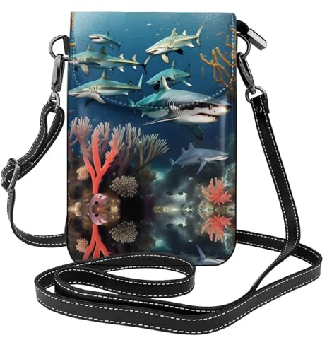 Cartera pequeña cruzada para teléfono con diseño de tiburones bajo el mar, perfecta para ir de compras, viajes y uso diario.
