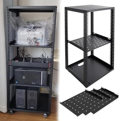 Serverställ med öppen Ram Justerbart Serverställ med Öppen Ram och Hjul, 10 12 15 18 20U Nätverksställ med Hyllor, Utrustningsskåp med Rullställ för IT och AV-utrustning(18U,3 tier)
