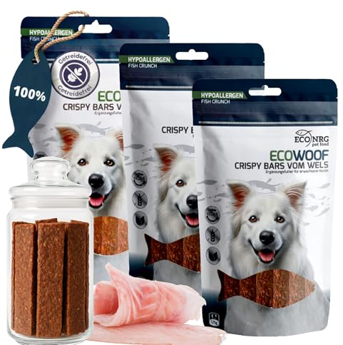 ECO WOOF Snack per cani naturali | Bars 100% pesce gatto | 3×125g | Snack per cani ipoallergenici | Senza cereali | Ricchi di collagene naturale | Monoproteico | Per amico a quattro zampe sensibili