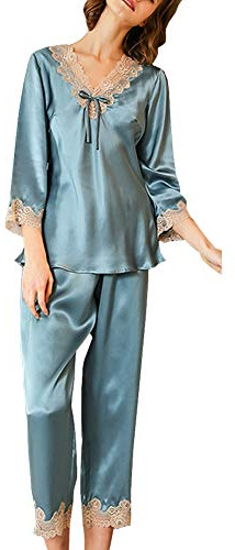E-girl Damen Seidenpyjama Seiden Schlafanzug Nachtanzug mit Spitze 100% Seide Nachtwäsche Langarm T8228,Blau,XXL