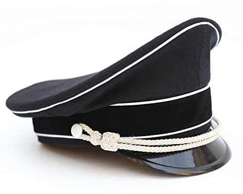 ACTJ.M WWII WW2 German Officer Hat Crusher Cap with Silver Chin Cord Wool, Black, 7.625