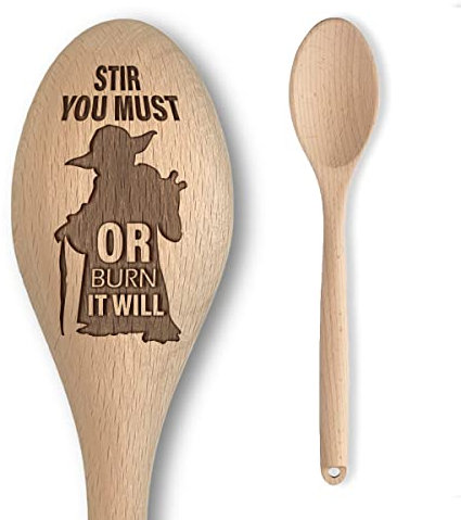 Alien Space Wars Inspired Wooden Spoon – “Stir You Must, or Burn it Will” Inscription – Funny Parody Cooking Baking Gift for Men & Women - Unofficial Fan Item (Stir You Must)