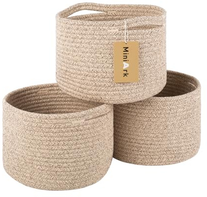 MiniArk Small Basket for Organizing | Cube Shelf Closet Storage Baskets | 9.7×9.7×7.1” | Woven Rope Gift Basket | Nursery | Round 3 Packs Mixed Brown